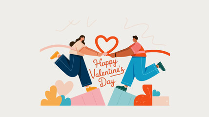 Fototapeta premium Happy Valentine's Day greeting card vector, romantic couple holding hands in heart shape, flat illustration of lovers celebrating love and romance