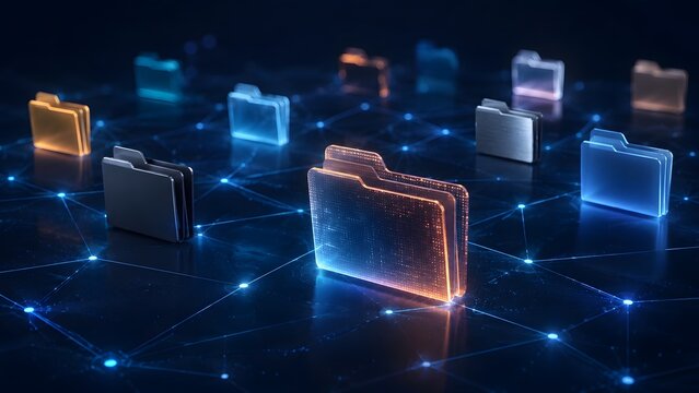A diverse network of floating digital folders in various glowing colors with an orange folder highlighted in the center representing organized data classification and file management