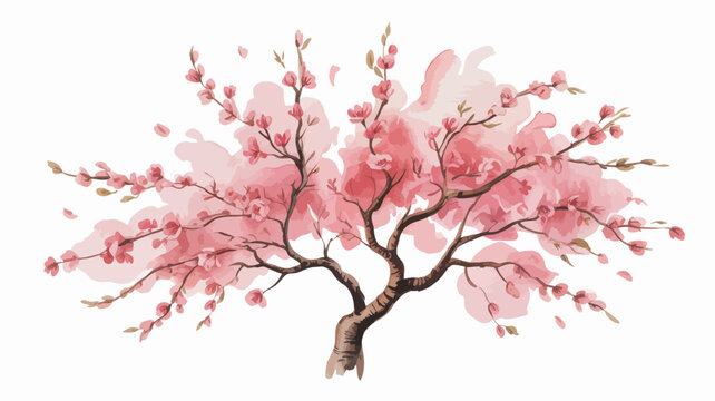 Watercolor cherry blossom tree vector, blooming pink sakura branches with soft petals, elegant spring floral illustration for wedding invitations