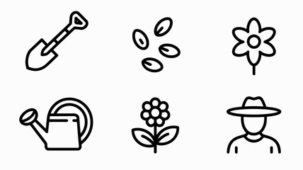 Gardening line icon set with shovel and watering can, 6 minimalist agriculture vector elements, farmer and floral plant symbols for landscaping © vetors.magic