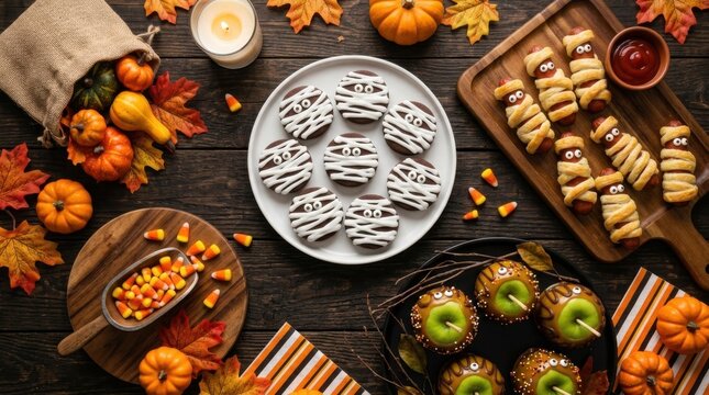 Festive Halloween party snacks flat lay featuring mummy cookies, sausage mummies, hot dogs, caramel apples, candy corn, and pumpkins on rustic dark wooden table.