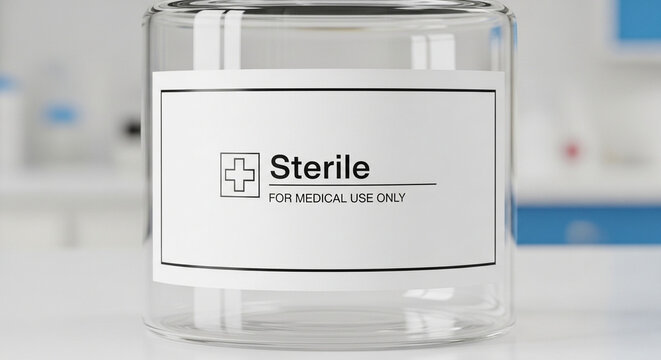 A clear glass container prominently displays a label indicating 'Sterile' and 'For Medical Use Only', suggesting a pharmaceutical or laboratory setting for sterile material containment