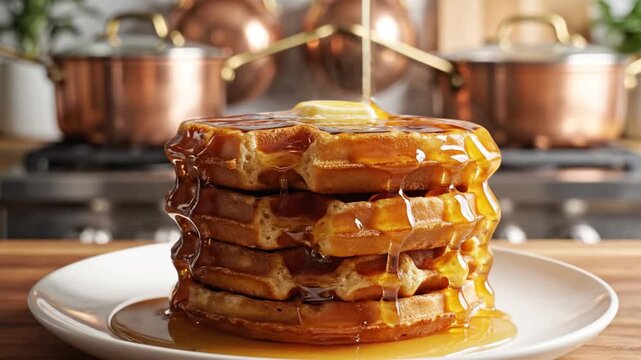 Golden Maple Syrup Pouring Over a Stack of Warm Waffles in a Kitchen