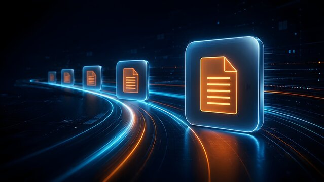 High speed digital file transfer concept with glowing orange document icons moving along light trails in dark cyberspace environment
