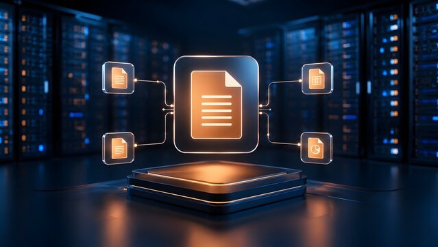 Centralized digital document management system concept with glowing orange file icons and data analytics symbols over computer microchip