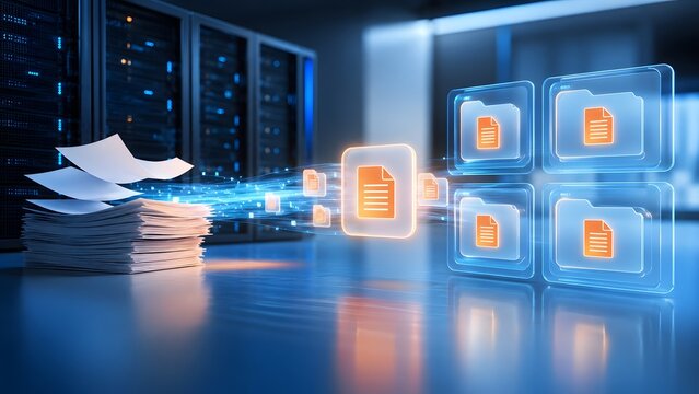 Paperless office transition concept with physical document stack converting into digital data stream entering glowing folders in server room