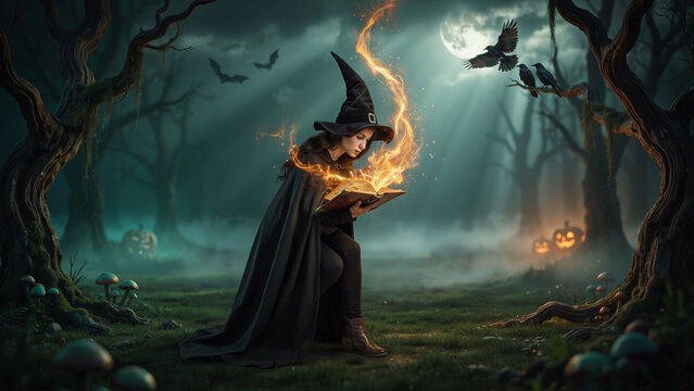 Enchanting halloween witch reading spellbook in spooky forest with jack o' lanterns and magical flames