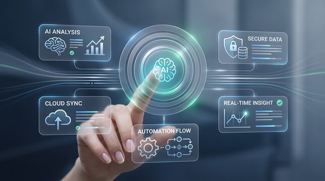 Interactive artificial intelligence interface showing neural network processing real time insights and secure cloud synchronization