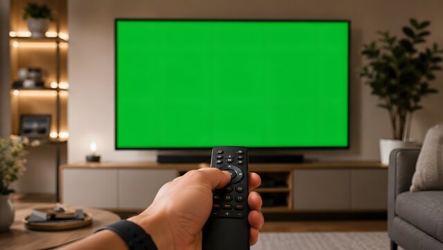 Hand Holding Remote Control Pointing at Green Screen Tv in Modern Living Room