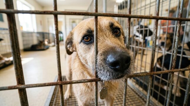 Sad Dog Behind Metal Bars in Animal Shelter Looking at Camera with Pleading Eyes, Concept of Pet Adoption, Animal Rescue and Abandoned Animals.