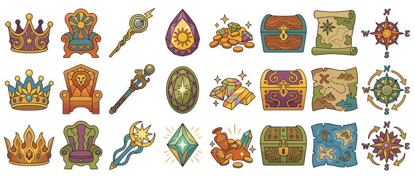 Fantasy Game Icons: Crowns, Thrones, Maps, Treasure Chests, Compasses
