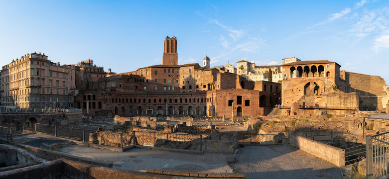 Panoramic view of the Trajan's Forum (Foro di Traiano) at sunset in Rome, Italy	