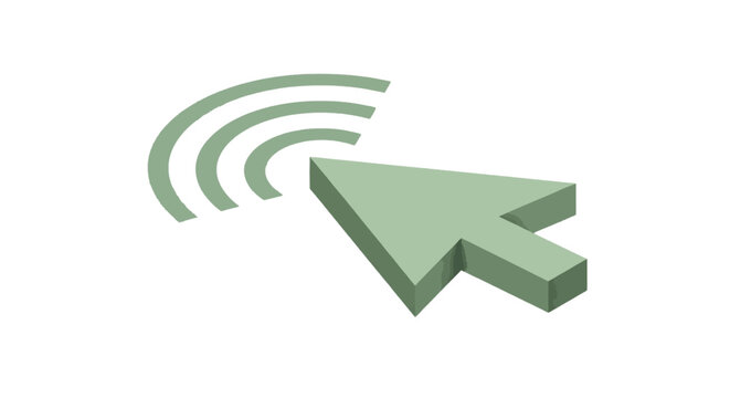 Vector illustration of 3d isometric green computer mouse cursor arrow with signal waves icon on a transparent background
