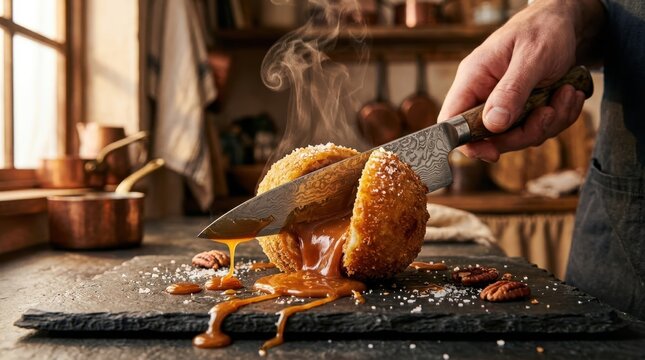 Chef Slicing a Crispy Fried Dessert Ball with Molten Hot Caramel Sauce Oozing Out Using a Damascus Knife on a Slate Board in a Rustic Kitchen Setting