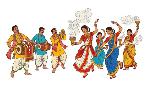 Bengali Dhunuchi Dance and Traditional Dhak Musicians Vector Illustration