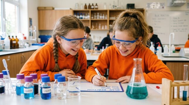 Enthusiastic young school girls wearing safety goggles perform a chemistry experiment in a lab, writing results on a whiteboard titled blue reaction during an engaging and fun STEM education lesson...