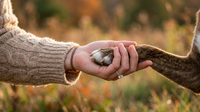 Close-up of a woman's hand holding a dog's paw in a beautiful sunset field, symbolizing the deep bond, trust, and friendship between a pet and owner.