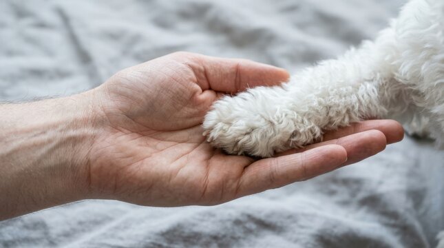 Close-up of a tender human hand gently holding a fluffy white dog's paw on a soft grey bed background, symbolizing the deep emotional bond of friendship and unconditional loyalty between pet and