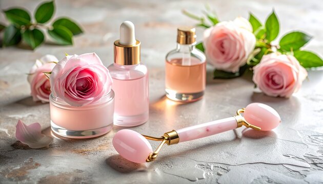 Rose quartz facial roller. Skincare tools with serum and fresh flowers. Beauty spa treatment. Luxury rose quartz facial roller with botanical skincare and fresh roses.