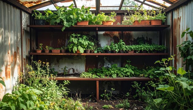Rustic greenhouse interior filled with rows of fresh green plants and herbs growing on weathered metal shelves.