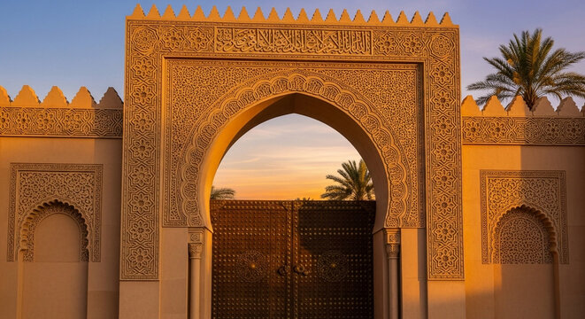 Discover the majestic allure of an ancient Moroccan gateway, exquisitely adorned with intricate geometric carvings and crowned by a textured frieze, framing a serene sunset sky beyond a pair