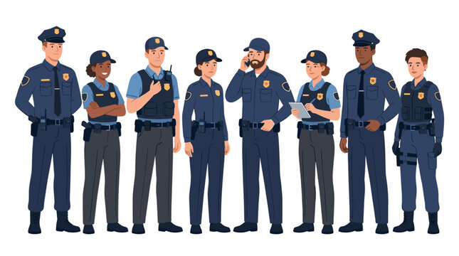 Police Officers Squad: A diverse group of police officers, uniformed and ready for duty, stand together as a cohesive unit representing law enforcement and public safety.