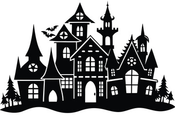Fototapeta premium Haunted House Silhouette Vector Set Spooky Halloween Haunted Mansion Collection with Bare Trees and Bats Isolated on White 
