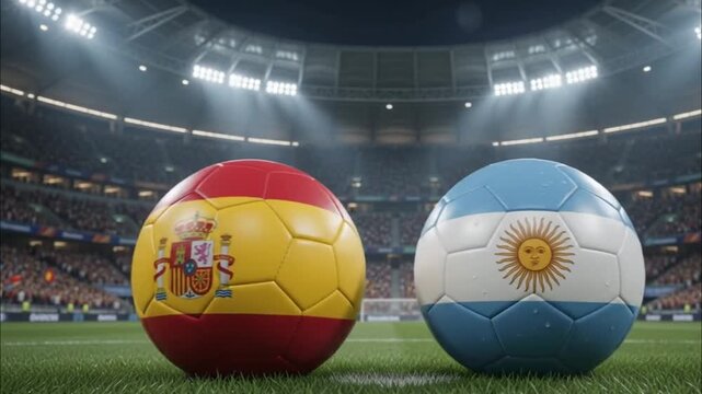 A ball featuring the Spanish flag and another with the Argentine flag, inside a modern, packed football stadium.