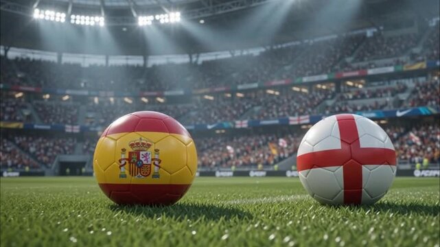 A ball featuring the Spanish flag and another with the English flag, inside a modern, packed football stadium.