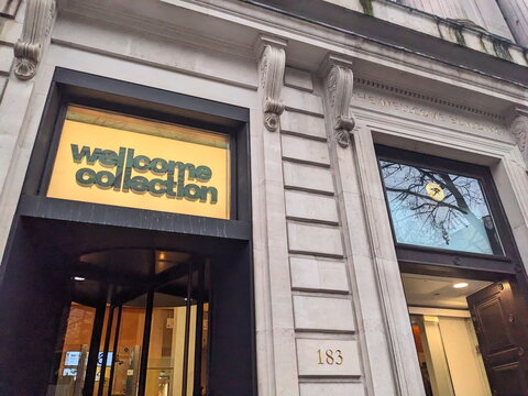 Entrance facade of the Wellcome Collection museum and library building on Euston Road in London
