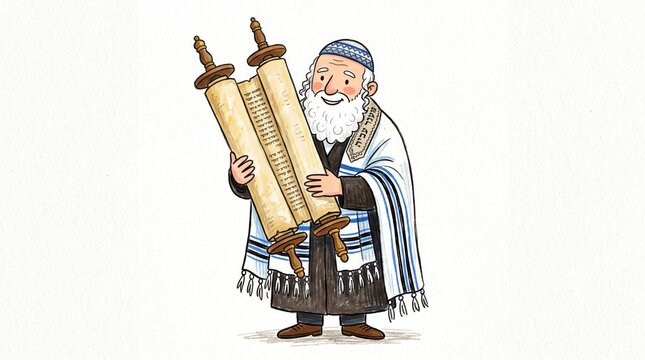 Illustration of an elderly religious man holding a torah scroll in a synagogue setting representing jewish faith and culture