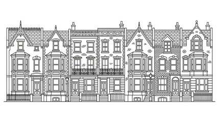 Obraz premium Terraced Houses Facade Sketch Drawing Black White Row Architecture