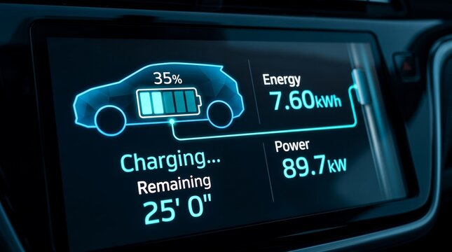 Electric vehicle dashboard displays battery charging status with 35 charge and 25 minutes remaining electric car EV technology information energy power consumption charging station