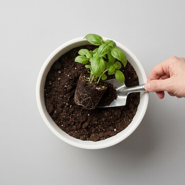 Hand planting basil seedling in white pot with soil  