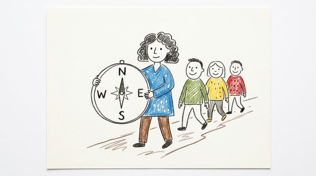 Woman leading group of children with large navigational compass illustration guidance leadership navigation children