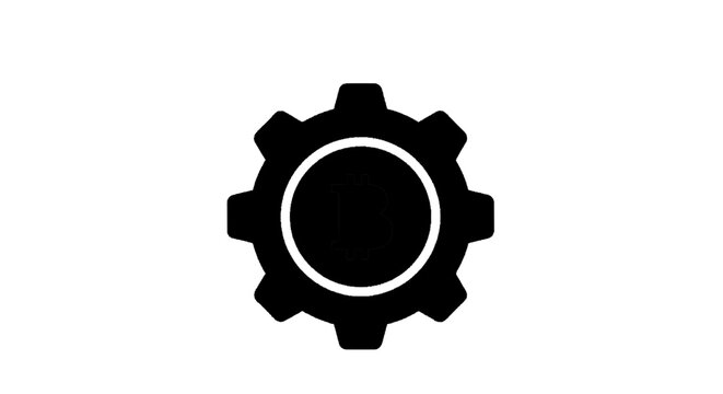 Minimal black silhouette icon, simple flat vector, bold black shape, no gradients, no shading bitcoin gear icon, cryptocurrency settings symbol on a, flat icon style