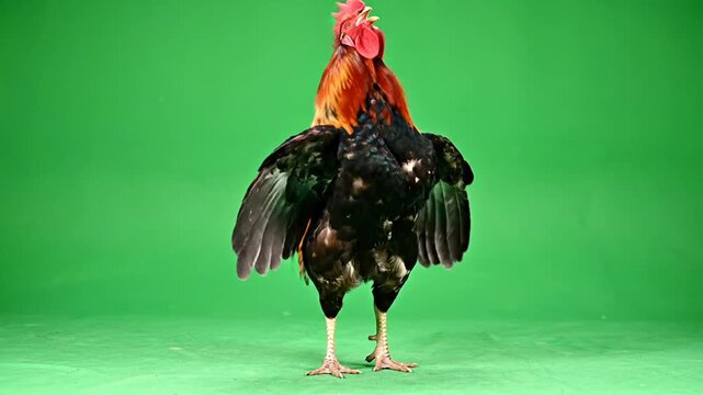 Majestic Rooster Crowing Isolated on a Green Screen Background