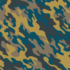 Fototapeta premium Full Seamless petrol gold halftone camouflage background. Deep teal, mustard and charcoal patches build a dramatic halftone camo pattern for fashion fabric print, accessories and wallpaper.