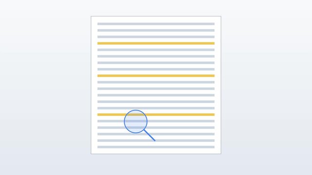 Magnifying glass scanning document lines for data analysis and control check animation 4k research