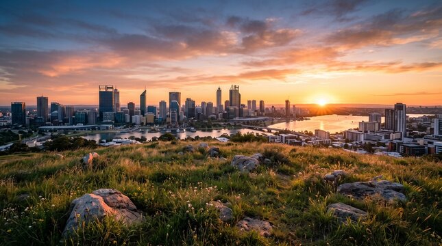 Stunning sunset over perth city skyline with lush green foreground