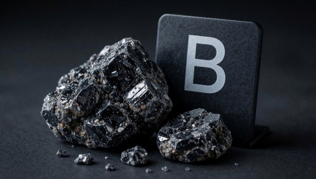Black square letter written white capital letters next there pile small irregularly shaped crystals appear sil