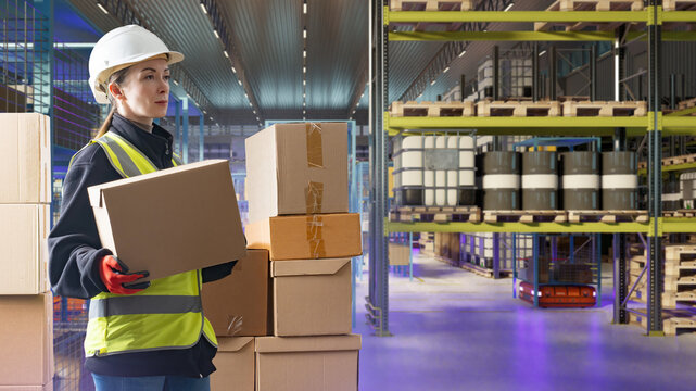 Warehouse logistics inspection worker carries cartons while managing inventory in modern distribution warehouse with shelving and stacked goods