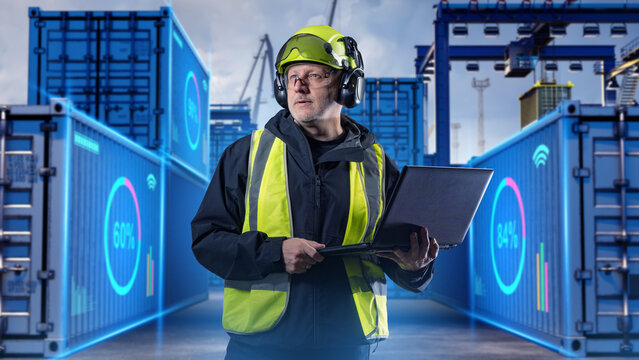 Smart logistics operations monitoring container terminal engineer analyzes cargo flow using laptop with digital performance dashboards in port yard