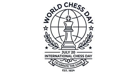 Chess piece emblem with globe and stars black line art on white background © Ziaul_Studio