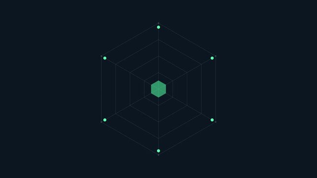 Minimalist hexagon radar chart animation with pulsing data points for tech interface and digital analytics visualization 4k