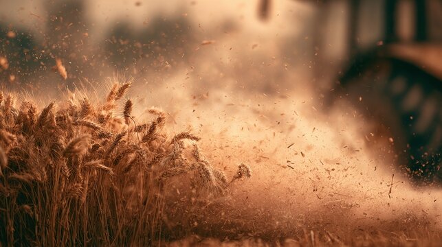 Tractor harvesting golden wheat field with flying chaff at sunset