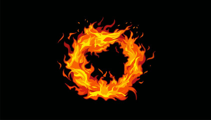 Fototapeta premium Bright orange and yellow flaming ring burning on black background