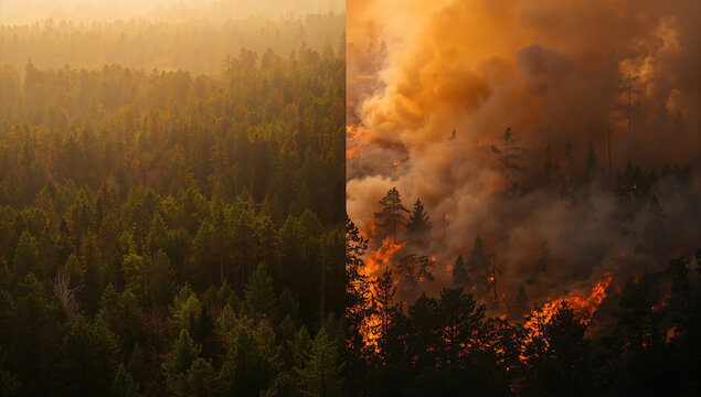 Forest fire raging through trees with smoke and flames contrasted with a serene forest landscape