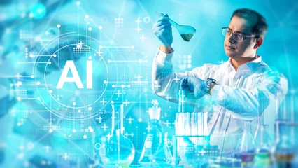 Laboratory research, scientist performing chemical analysis in modern lab with AI digital interface for data-driven experiments and innovation. © Grispb