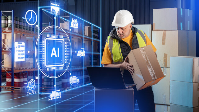 Warehouse logistics operations, warehouse worker handling parcels and scanning boxes with laptop in smart warehouse using AI supply chain system.